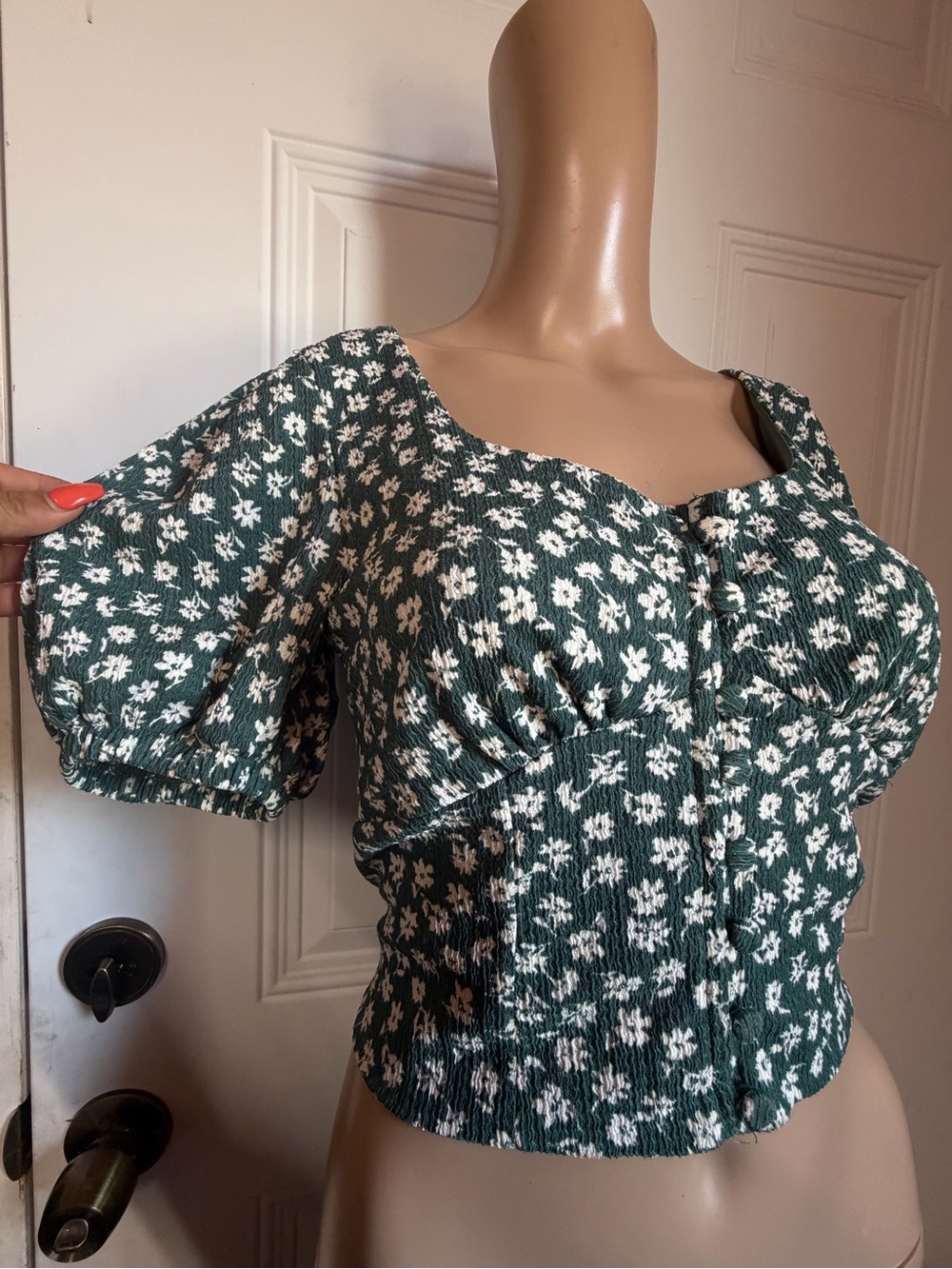 Free People Teal Floral Square-Neck Crop Top - Picture 2 of 6